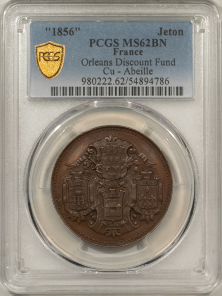 Exonumia FRANCE JETON 1856 ORLEANS DISCOUNT FUND CUI-ABEILLE, 32mm BRONZE, PCGS MS-62 BN