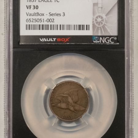 Flying Eagle 1857 FLYING EAGLE CENT – NGC VF-30, VAULT BOX SERIES 3 EDITION HOLDER