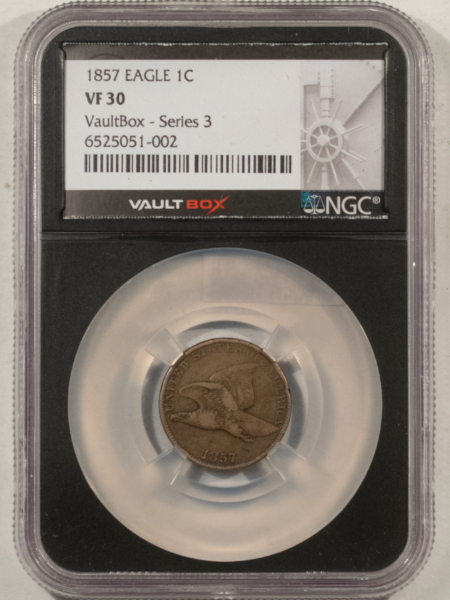 Flying Eagle 1857 FLYING EAGLE CENT – NGC VF-30, VAULT BOX SERIES 3 EDITION HOLDER