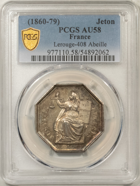 Exonumia FRANCE JETON, 1860-79 LEROUGE-408 ABEILLE, 30mm SILVER OCTAGONAL, PCGS AU-58