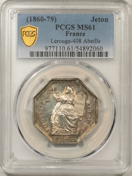 Exonumia FRANCE JETON, 1860-79 LEROUGE-408 ABEILLE, 30mm SILVER OCTAGONAL, PCGS MS-61