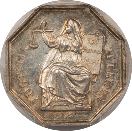 Exonumia FRANCE JETON, 1860-79 LEROUGE-408 ABEILLE, 30mm SILVER OCTAGONAL, PCGS MS-61
