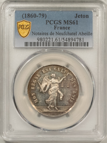 Exonumia FRANCE JETON 1860-79 NOTAIRES DE NEUFCHATEL ABEILLE 29mm SILVER, PCGS MS-61