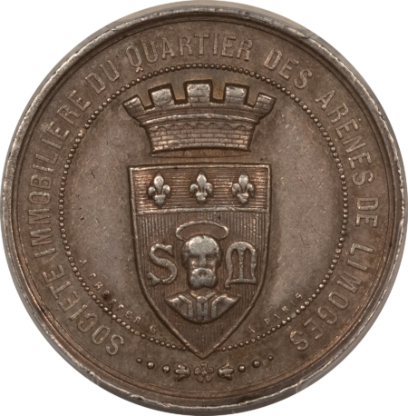 Exonumia FRANCE JETON 1864 ARENES REAL ESTATE CO-DIST OF LIMOGES, SILVER 32mm, PCGS AU-53