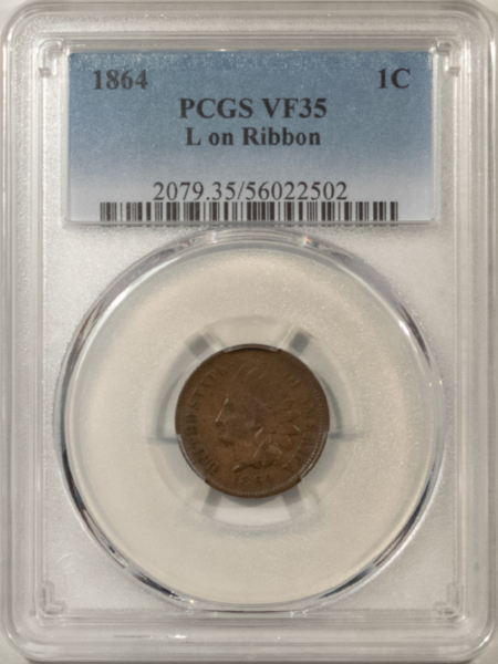 Indian 1864 INDIAN CENT, L ON RIBBON – PCGS VF-35 BN