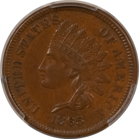 Indian 1865 INDIAN CENT, FANCY 5 – PCGS AU-55 BN