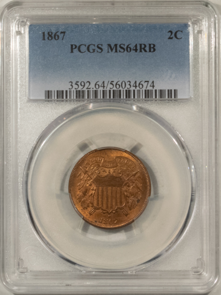 New Certified Coins 1867 TWO CENT PIECE – PCGS MS-64 RB, 90% RED, PREMIUM QUALITY!
