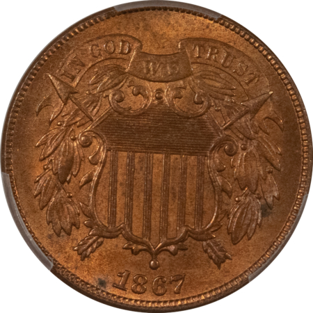 New Certified Coins 1867 TWO CENT PIECE – PCGS MS-64 RB, 90% RED, PREMIUM QUALITY!