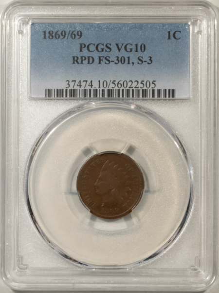 Indian 1869/69 INDIAN CENT, RPD FS-301, S-3 – PCGS VG-10 BN