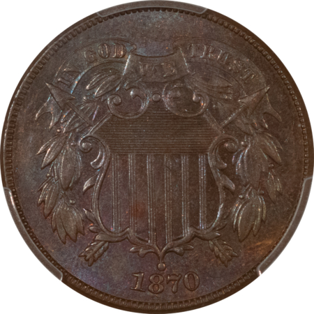 New Certified Coins 1870 TWO CENT PIECE – PCGS MS-62 BN, PQ+, WAS CAC