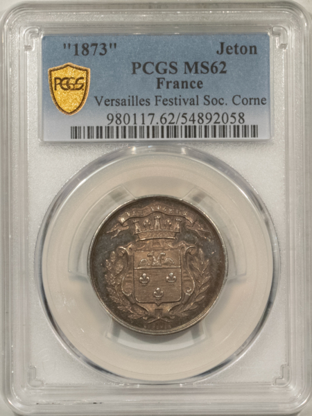 Exonumia FRANCE JETON 1872 VERSAILLES FESTIVAL SOC. CORNE, 27mm, SILVER, PCGS MS-62!