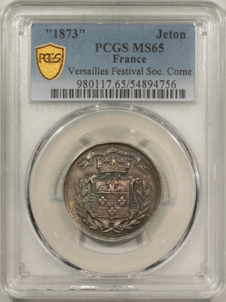 Exonumia FRANCE JETON 1873 VERSAILLES FESTIVAL SOC. CORNE, 26mm SILVER, PCGS MS-65-PRETTY