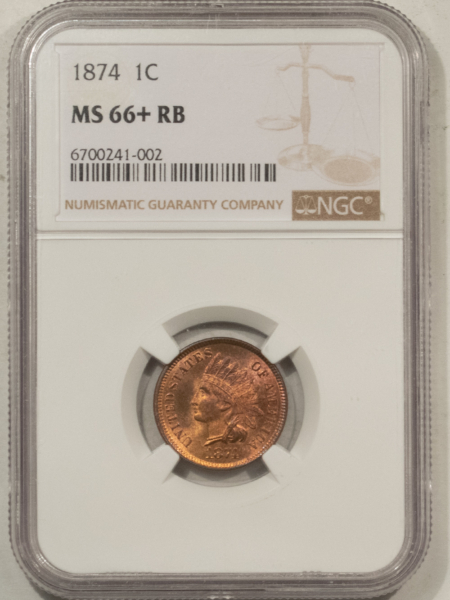 Indian 1874 INDIAN CENT – NGC MS-66+ RB, POPULATION 1 AT EITHER SERVICE! WOW!