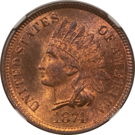 Indian 1874 INDIAN CENT – NGC MS-66+ RB, POPULATION 1 AT EITHER SERVICE! WOW!