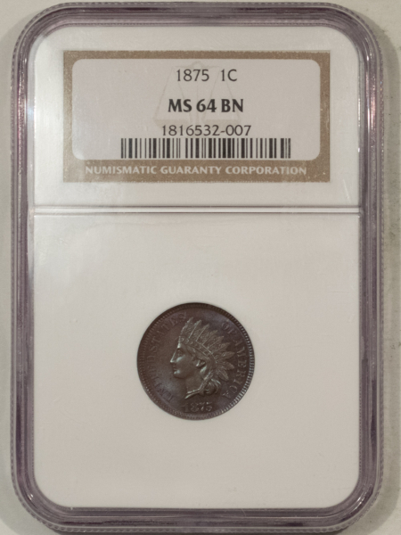 Indian 1875 INDIAN CENT – NGC MS-64 BN, PRETTY! LOOKS GEM!