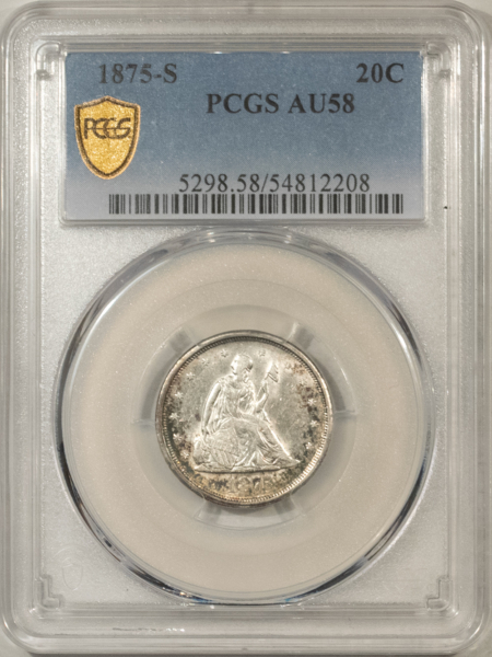 New Certified Coins 1875-S TWENTY CENT PIECE – PCGS AU-58, PRETTY!