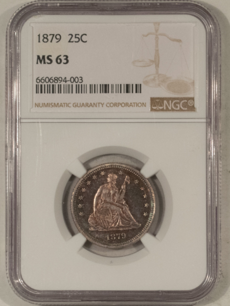 Liberty Seated Quarters 1879 SEATED LIBERTY QUARTER – NGC MS-63, PRETTY & SCARCE, MINTAGE 13,600!