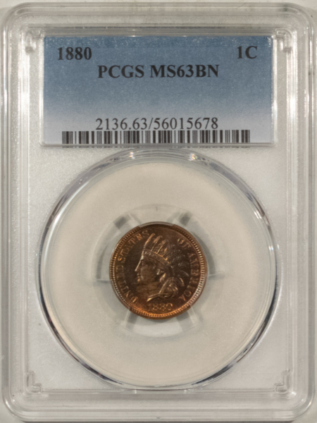 Indian 1880 INDIAN CENT, PCGS MS-63 BN, VERY CHOICE W/ QUITE A BIT OF RED!
