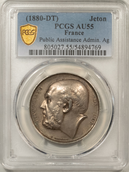 Exonumia FRANCE JETON, 1880 PUBLIC ASSISTANCE ADMIN-HIPPOCRATE, 34mm SILVER, PCGS AU-55