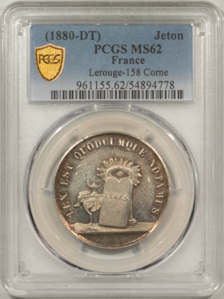 Exonumia FRANCE JETON 1880-DT LEROUGE-158 CORNE, 32mm SILVER, PCGS MS-62, SEMI PL-PRETTY!