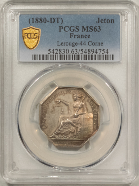 Exonumia FRANCE JETON, 1880 LEROUGE 44, OCTAGONAL 26mm SILVER, PCGS MS-63