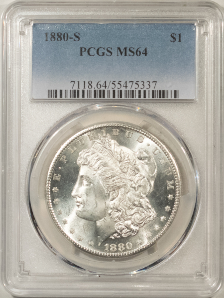 Dollars 1880-S $1 MORGAN DOLLAR – PCGS MS-64, DMPL REVERSE, PREMIUM QUALITY!