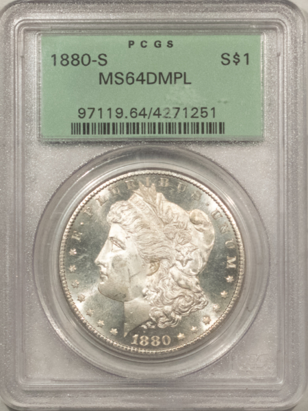 Dollars 1880-S $1 MORGAN DOLLAR – PCGS MS-64 DMPL, OLD GREEN HOLDER, GREAT LOOK!