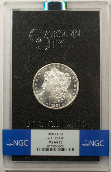 Dollars 1881-CC $1 MORGAN DOLLAR GSA, NGC MS-64 PL BLACK & WHITE, BOX/CARD, CARSON CITY!