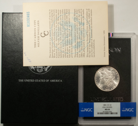 Dollars 1881-CC $1 MORGAN DOLLAR GSA, NGC MS-64 PL BLACK & WHITE, BOX/CARD, CARSON CITY!