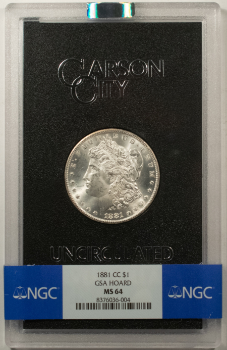 Dollars 1881-CC $1 MORGAN DOLLAR GSA – NGC MS-64, BLAST WHITE, BOX/CARD, CARSON CITY!