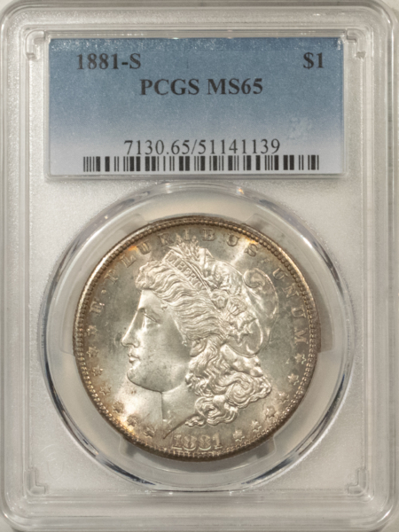 Morgan Dollars 1881-S $1 MORGAN DOLLAR – PCGS MS-65, PRETTY! CLEAN CHEEK & PREMIUM QUALITY!