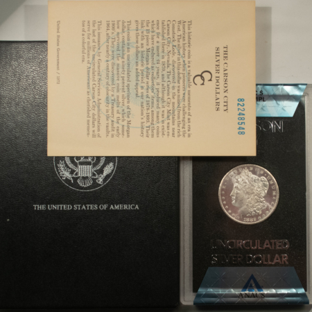 Morgan Dollars 1882-CC $1 MORGAN DOLLAR GSA – ANACS MS-63 DMPL WITH BOX AND CARD! CARSON CITY!