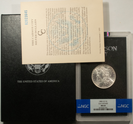 Dollars 1881-CC $1 MORGAN DOLLAR GSA – NGC MS-64, BLAST WHITE, BOX/CARD, CARSON CITY!
