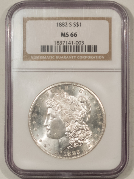 Dollars 1882-S $1 MORGAN DOLLAR – NGC MS-66, BLAZING WHITE & MARK-FREE!