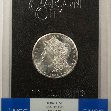Dollars 1884-CC $1 MORGAN DOLLAR GSA – NGC MS-63 PL, CARSON CITY! WITH BOX & CARD!