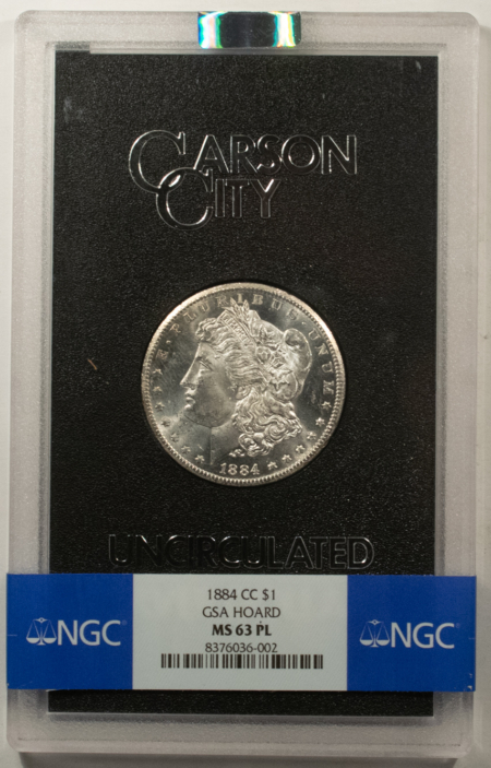 Dollars 1884-CC $1 MORGAN DOLLAR GSA – NGC MS-63 PL, CARSON CITY! WITH BOX & CARD!