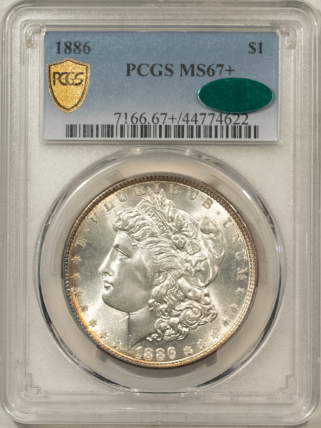 Dollars 1886 $1 MORGAN DOLLAR – PCGS MS-67+ CAC APPROVED! BLAZINGN WHITE & PQ!