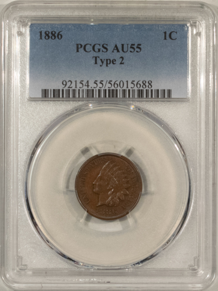 Indian 1886 INDIAN CENT, TYPE 2 – PCGS AU-55; LOOKS CLOSER TO MS THAN AU; PQ++!