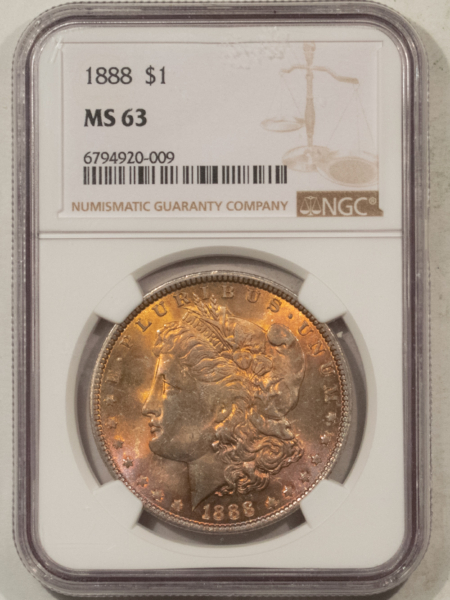 Dollars 1888 $1 MORGAN DOLLAR – NGC MS-63, PRETTY TONING!