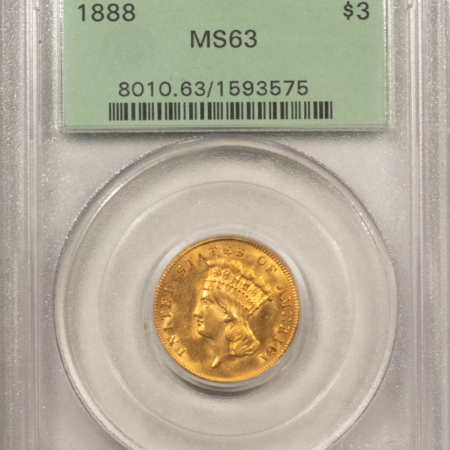 $3 1888 $3 GOLD PRINCESS PCGS MS-63 FLASHY, PQ IN AN OLD GREEN HOLDER, LOW MINTAGE!