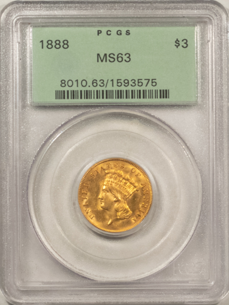 $3 1888 $3 GOLD PRINCESS PCGS MS-63 FLASHY, PQ IN AN OLD GREEN HOLDER, LOW MINTAGE!