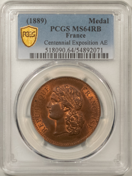 Exonumia FRANCE MEDAL, 1889 CENTENNIAL EXPOSITION AE, 32mm BRONZE, PCGS MS-64 RB