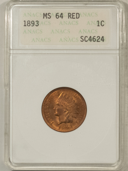 Indian 1893 INDIAN CENT – ANACS MS-64 RD, NICE ORIGINAL, OLD, OLD WHITE HOLDER!