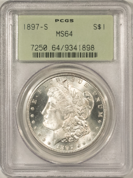 Morgan Dollars 1897-S $1 MORGAN DOLLAR – PCGS MS-64, OLD GREEN HOLDER, FRESH & PREMIUM QUALITY!