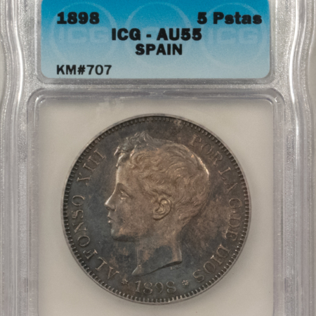 New Store Items 1898 SPAIN SILVER 5 PESETAS, ALFONSO XIII, KM# 707 – ICG AU-55