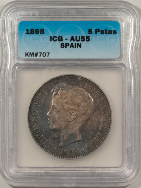 New Store Items 1898 SPAIN SILVER 5 PESETAS, ALFONSO XIII, KM# 707 – ICG AU-55