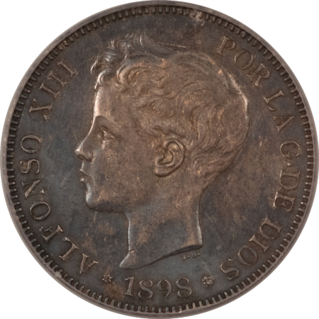 New Store Items 1898 SPAIN SILVER 5 PESETAS, ALFONSO XIII, KM# 707 – ICG AU-55