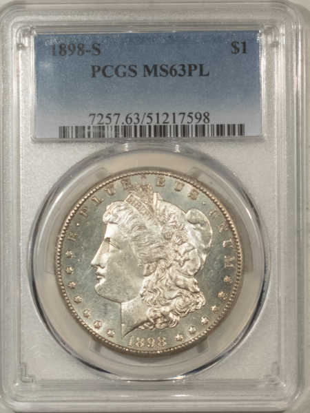 Dollars 1898-S $1 MORGAN DOLLAR – PCGS MS-63 PL, CHOICE, STRONG MIRRORS, TOUGH PROOFLIKE