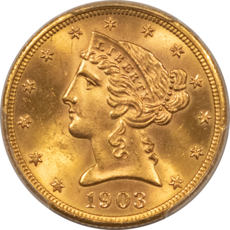 $5 1903-S $5 LIBERTY GOLD HALF EAGLE – PCGS MS-64+, 65 QUALITY! PREMIUM QUALITY!