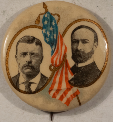 New Store Items 1904 TEDDY ROOSEVELT FAIRBANKS 1 1/4″ PATRIOTIC CAMPAIGN JUGATE, NR MINT, BRIGHT
